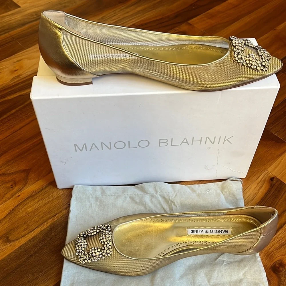 Manolo blahnik Hangisi Chrystal Buckle Gold Mesh Flats, 50th anniversary, NEW - Picture 15 of 17